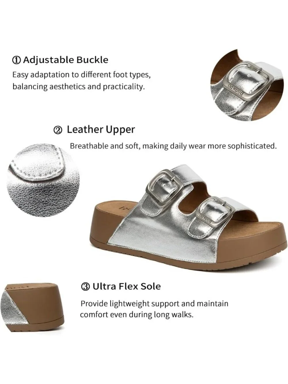 Women's Silver Genuine Leather Slip on Beach Slide Buckle Platform Sandal Shoes
